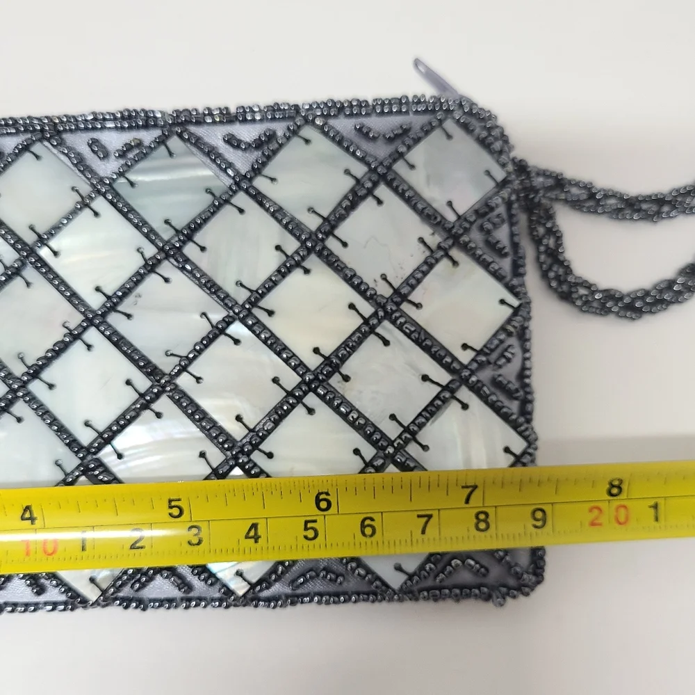 MAD BAGS Spun Silk Zip Top Wristlet With Mother-of-Pearl/Beaded Accents